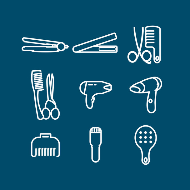 conjunto de iconos de línea de cuidado del cabello con secador de pelo, peine, pinzas de alisado, secar - Vector, imagen