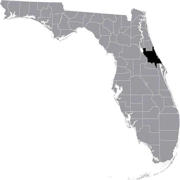 Czarna zaznaczona mapa hrabstwa US Volusia wewnątrz szarej mapy stanu Floryda, USA - Wektor, obraz
