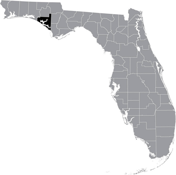 Schwarz hervorgehobene Lagekarte des US Bay County innerhalb der grauen Karte des Bundesstaates Florida, USA - Vektor, Bild