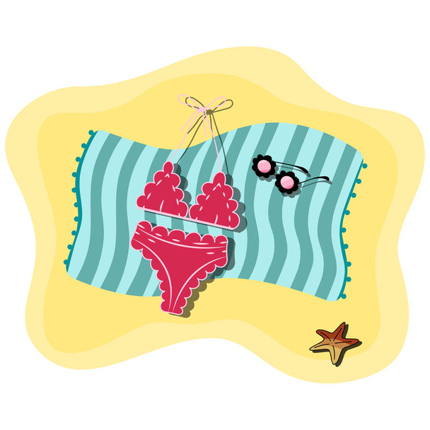 Vector illustration of beach blue towel laying on the sand with women swimsuit, sunglasses seashell on top of it. Sandy beach. Summer accessories - Vetor, Imagem