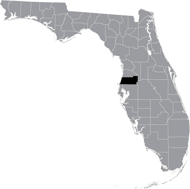 Schwarz hervorgehobene Positionskarte des US Pasco County innerhalb der grauen Karte des Bundesstaates Florida, USA - Vektor, Bild