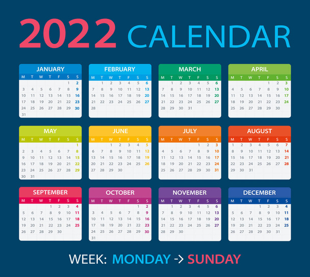 Vector template of color 2022 calendar - Monday to Sunday - Vector, Image