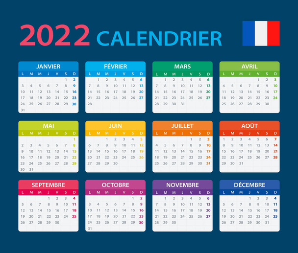 Διάνυσμα πρότυπο του ημερολογίου χρώμα 2022 - γαλλική έκδοση - Διάνυσμα, εικόνα