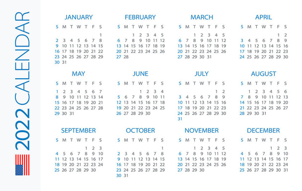 Calendar 2022 year Horizontal - vector illustration Американська версія. Тиждень починається в неділю - Вектор, зображення