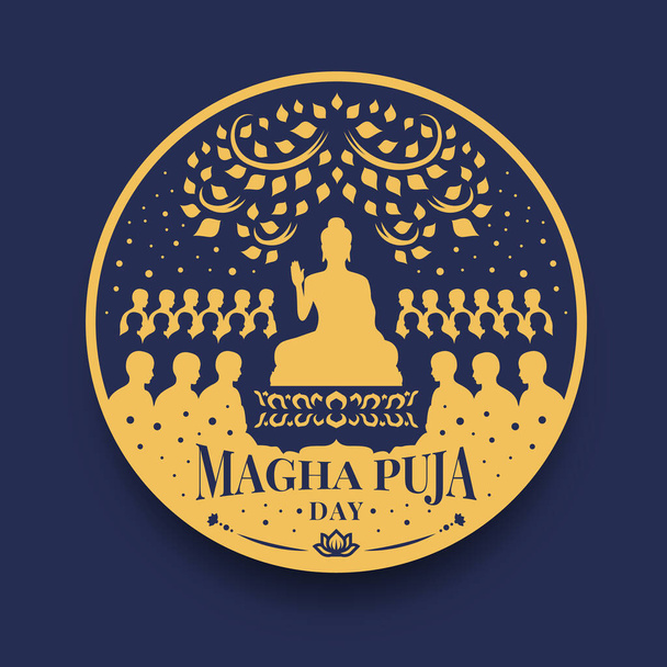 Magha puja day banner with The Lord Buddha Preach monks in circle sign vector design - Vecteur, image