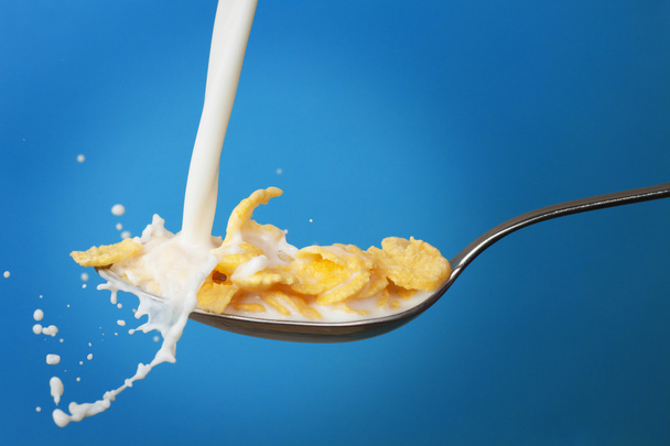 Milk splashing into spoon with cornflakes - Foto, imagen