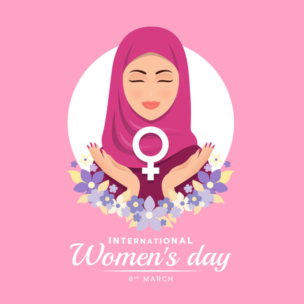 міжнародний жіночий день банер з милою мусульманкою тримає догляд за жіночим знаком і флорою навколо рамки Векторний дизайн
 - Вектор, зображення