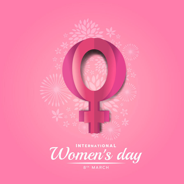 international women day banner with pink paper female sign on soft white flora texture and pink background vector design - Vector, Image