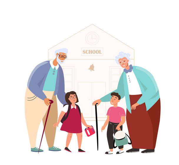 С бабушкой, дедушкой идти в 1-й школьный день с внуками. Ученики Дети ходят учиться, бабушки и дедушки. Плоская векторная иллюстрация на белом фоне - Вектор,изображение