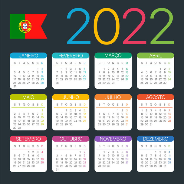 Plantilla vectorial del calendario de color 2022 - Versión en portugués - Vector, imagen