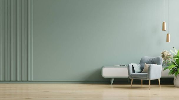 стильная современная гостиная имеет кресло на пустом темно-зеленом фоне стены, 3D рендеринг - Фото, изображение