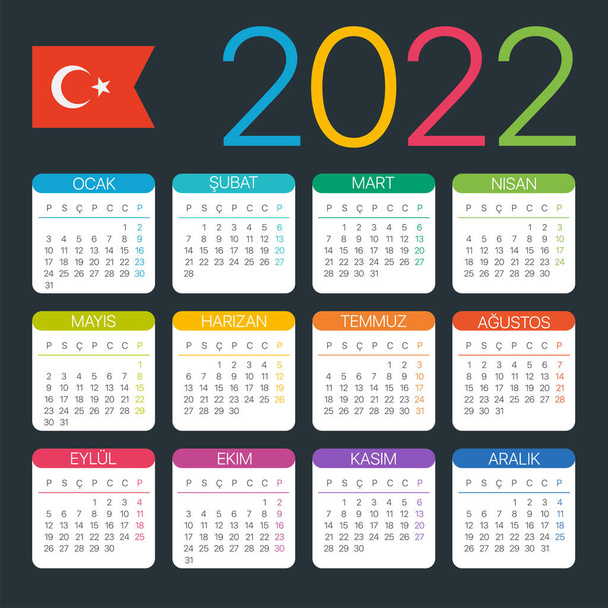 Vector template of color 2022 calendar - Turkish version - Vector, Image