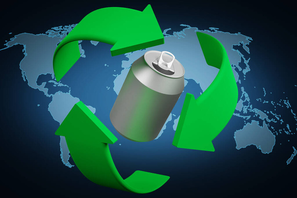 Illustration 3D. L'écologie. Le symbole de recyclage tourne autour d'une boîte métallique. - Photo, image