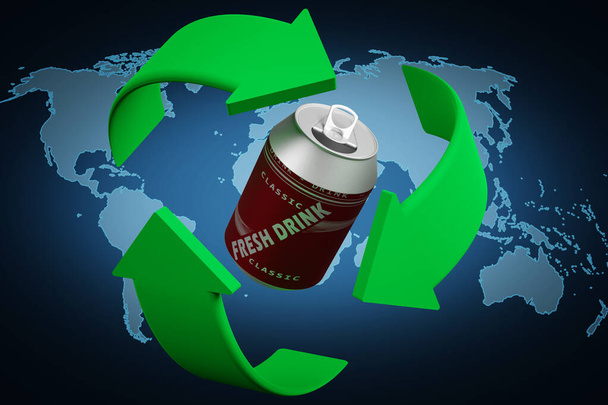 Ilustración 3D. Ecología. El símbolo de reciclaje gira alrededor de una lata de metal. - Foto, Imagen