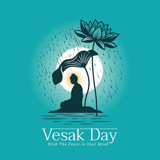 Vesak day banner with The Lord Buddha meditated under Big lotus leaf and flower in raining and full moon night - Vektor, obrázek