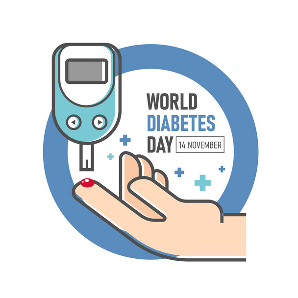 Weltdiabetestag - Diabetes-Blutzuckermessgerät und Hand auf blauem Ringkreisvektordesign - Vektor, Bild