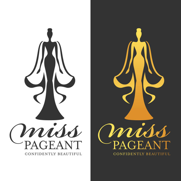 miss pageant logo sign - black and gold woman queen with cape vector design - Vettoriali, immagini
