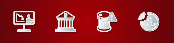 Set Global economic crisis news, Bank building, Drop crude oil price and Dollar rate decrease icon. Vector - Vector, Image
