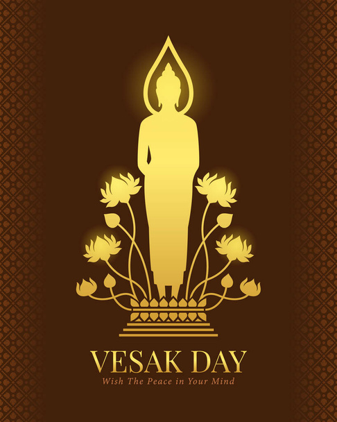 Vesak day banner with gold Buddha standing on a lotus pedestal sign on brown background vector design - Vector, imagen