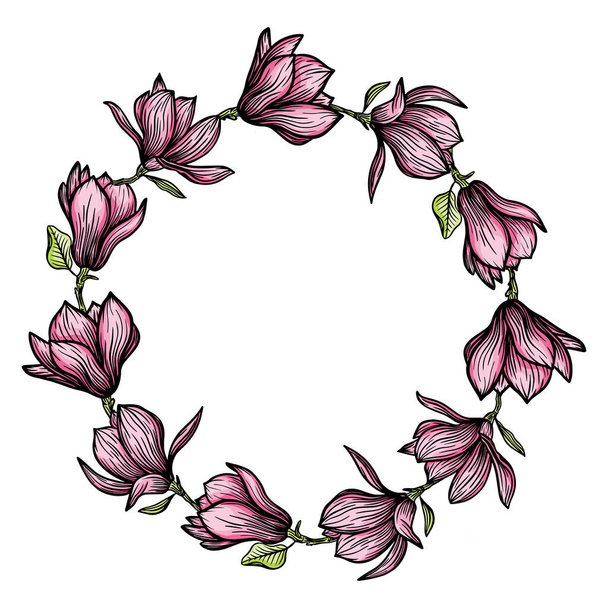 Wreath, round frame of magnolia flowers, blooming flowers silhouette. Spring, floral design for cards, invitations, packaging - Vektör, Görsel