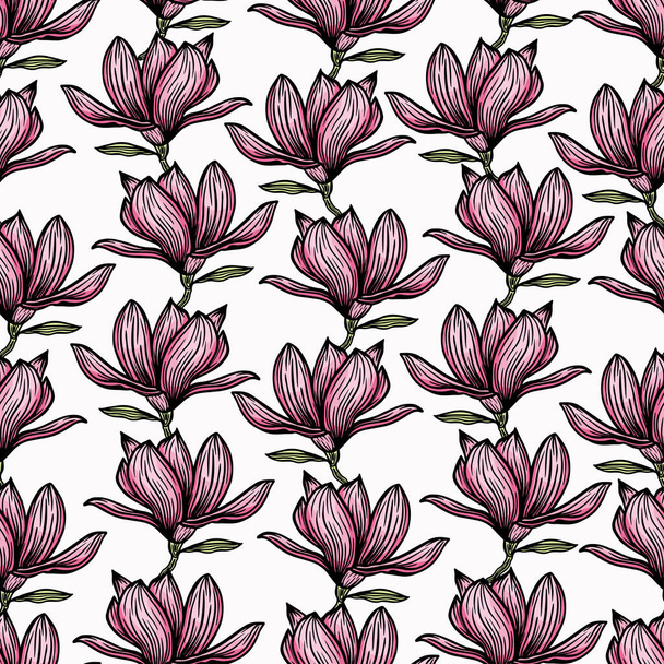 Pattern seamless with black magnolia outline. Spring flower hand drawn vector illustration. Black and white with line art on white backgrounds - Vektör, Görsel
