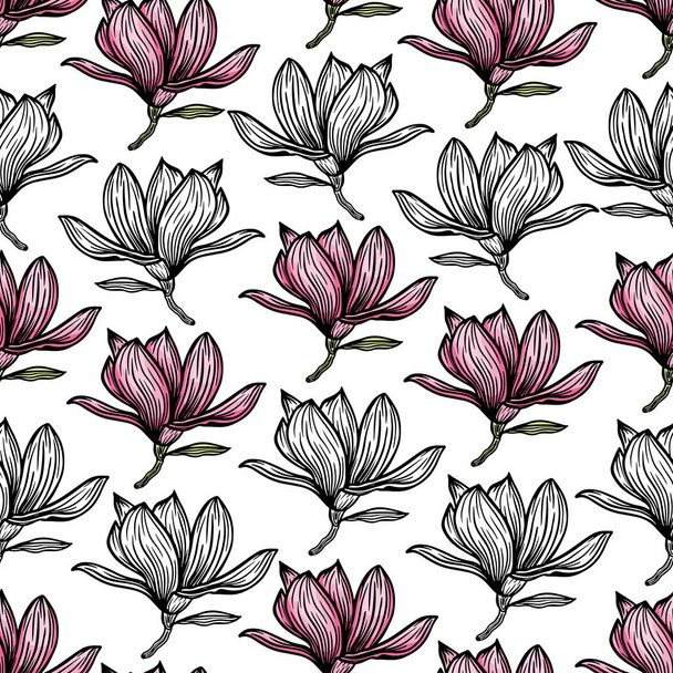 Muster nahtlos mit schwarzen Magnolienumrissen. Frühlingsblume handgezeichnete Vektor-Illustration. Schwarz-Weiß mit Linienkunst auf weißem Hintergrund - Vektor, Bild