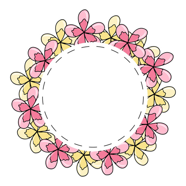 Summer round frame with with yellow and pink flowers hand drawn vector illustration isolated on white backgraund - Wektor, obraz