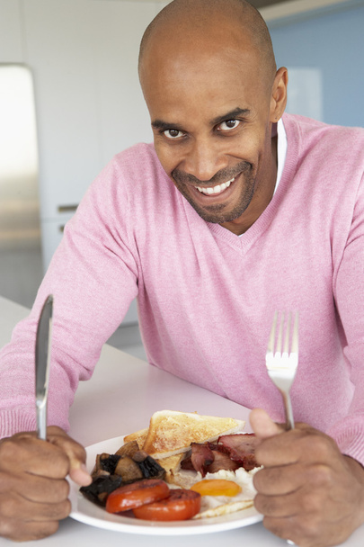 Middle Aged Man Eating Unhealthy Fried Breakfast - Zdjęcie, obraz