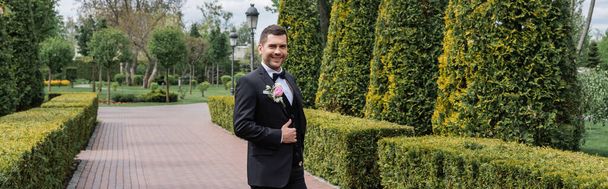 Young groom showing like gesture and smiling in park, banner  - Photo, Image