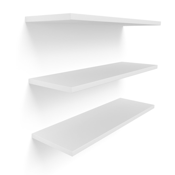 3D three empty blank shelves on white - Foto, afbeelding