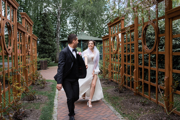 Happy newlyweds holding hands and running in park  - Photo, Image