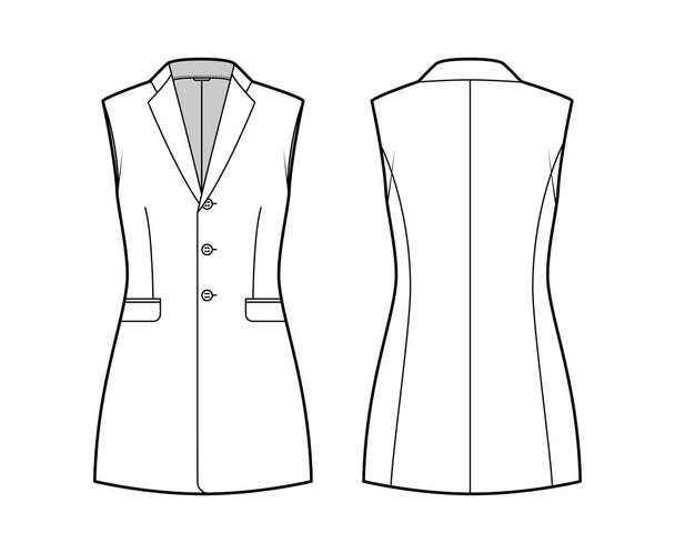 Sleeveless jacket lapelled vest waistcoat technical fashion illustration with notched collar, button-up, fitted body - Vector, Image