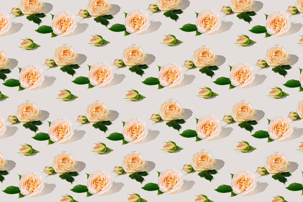 Kesäkuvio valmistettu tuoreista ruusuista ja vihreistä lehdistä valkoisella taustalla - Valokuva, kuva