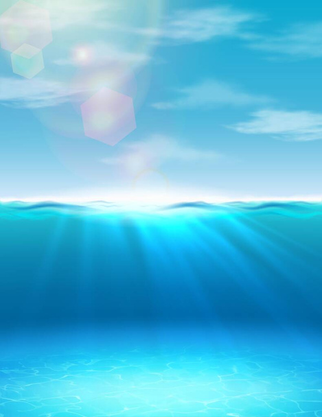 3d realistic vector ocean summer under water background with sunlight and rays. - Vektör, Görsel
