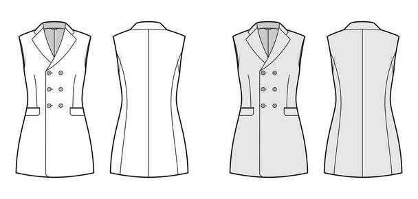 Bunda bez rukávů vesta bez rukávů technická módní ilustrace s dvojitým prsním tělem, kapsy. Flat - Vektor, obrázek