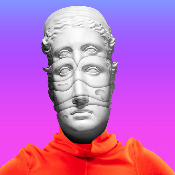 Сучасне мистецтво колаж з старовинною головою статуї в сюрреалістичному стилі. Фіолетовий і оранжевий
 - Фото, зображення