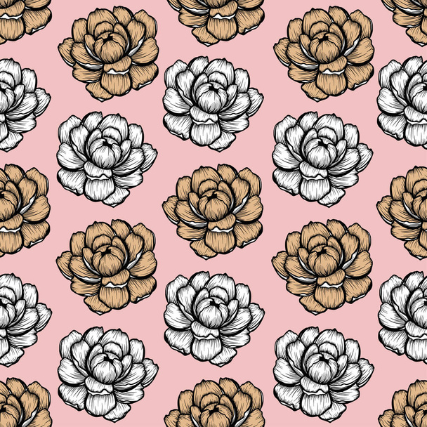 Natural seamless pattern with tender peony pink ink flowers hand drawn with contour lines. Realistic botanical vector illustration. - Vector, Imagen