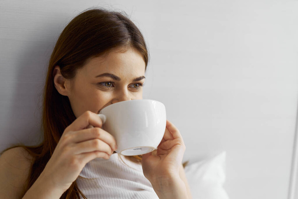 Happy Woman Breakfast In Bed Enemy Cup And Blanket Interior - Фото, изображение