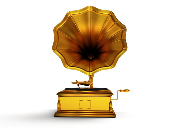 3d gold vintage gramophone isolated on white - Foto, afbeelding
