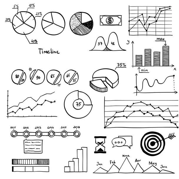 Business and finanse hand draw doodle elements graph chart timeline - Wektor, obraz