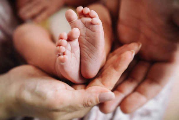 kleine benen van een pasgeboren baby in de handen van ouders.  - Foto, afbeelding