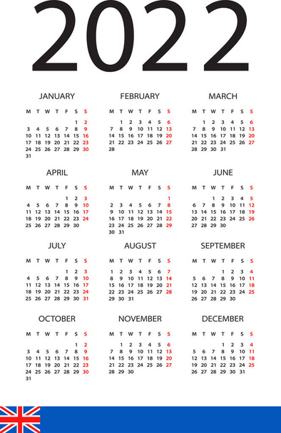 Calendário 2022 ano - ilustração vetorial. Versão em inglês. Semana começa na segunda - Vetor, Imagem