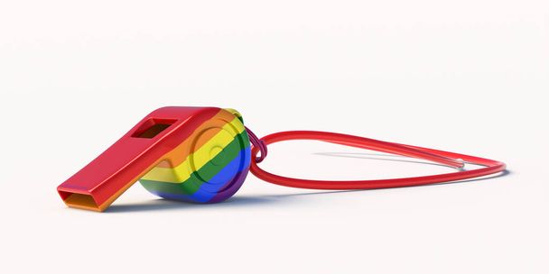 ЛГБТ радуга флага цвета свисток изолированы на белом фоне. Гордость геев, мероприятие по защите прав гомосексуалистов и символ праздника. 3d иллюстрация - Фото, изображение