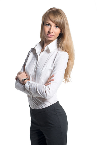 Portré fiatal üzletasszony fehér ing fekete nadrág nadrág elszigetelt - Fotó, kép