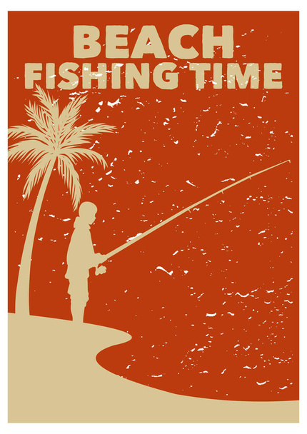 poster design beach fishing time with fisherman silhouette and beach scenery flat illustration - Vector, Image