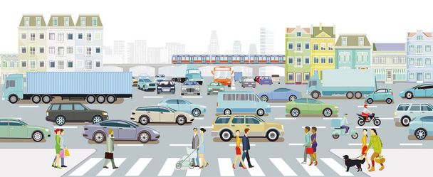 Autos an der Kreuzung im Stau in einer Großstadt und U-Bahn vor Gebäuden, Illustration - Vektor, Bild