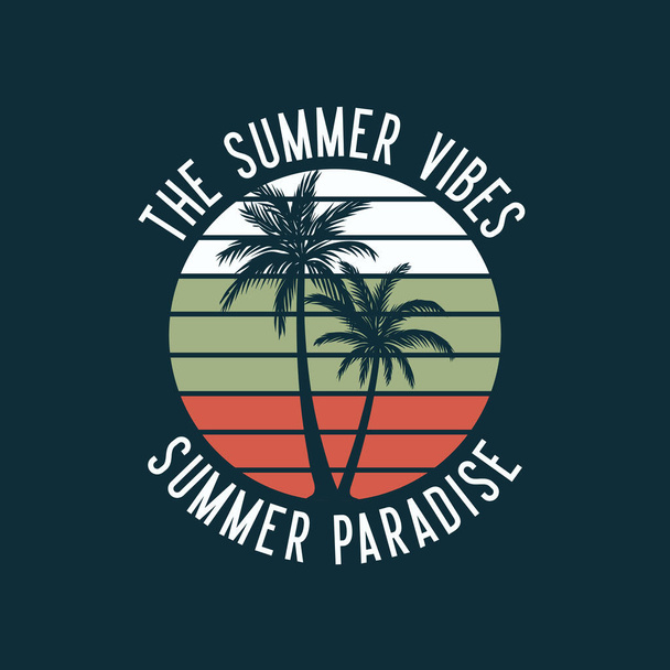 the summer vibes summer paradise with palm tree silhouette flat illustration - Vector, Image