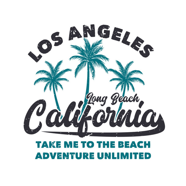 t shirt design los angeles lunga spiaggia california portami alla spiaggia avventura illimitata con silhouette palma illustrazione piatta - Vettoriali, immagini