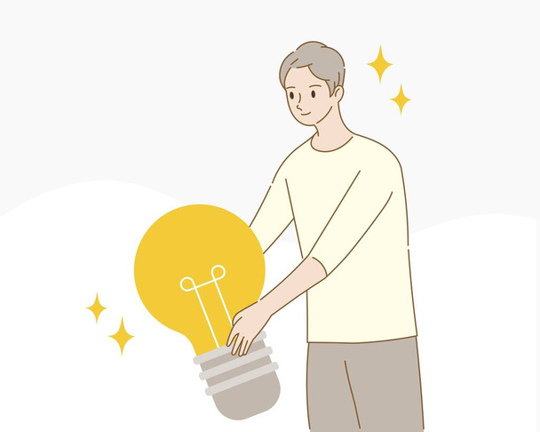 Young man holding light bulb. Concept of innovative ideas, creative thought, creativity and imagination. Hand draw style. Vector illustration. - Vector, Image