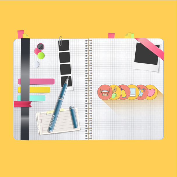 Colorful and simple icons printed on book  - Wektor, obraz